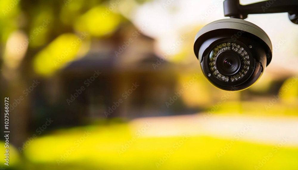 A close-up of a security camera, focused on monitoring an outdoor area with a blurred house and greenery in the background. A close-up of a security camera, focused on monitoring an outdoor area with a blurred house and greenery in the background.