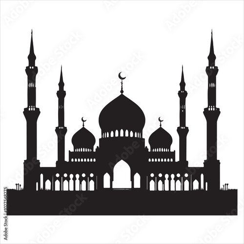 Black silhouette of a grand mosque with minarets and dome, clear and detailed on a pure white background 