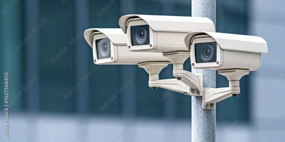 Three security cameras mounted on a pole, designed for surveillance and monitoring in urban environments. Three security cameras mounted on a pole, designed for surveillance and monitoring in urban environments.