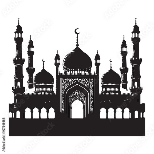 Black silhouette of a grand mosque with minarets and dome, clear and detailed on a pure white background 