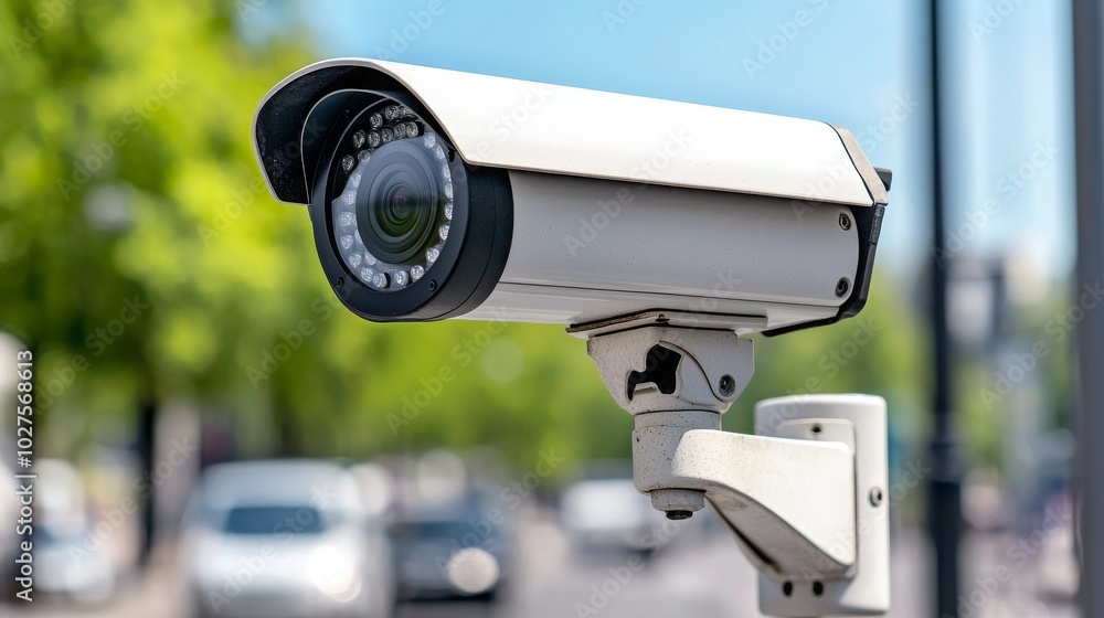 A modern surveillance camera positioned in an urban environment, capturing activity on a busy street lined with greenery. A modern surveillance camera positioned in an urban environment, capturing activity on a busy street lined with greenery.