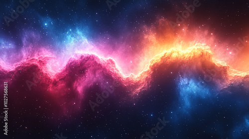 A vibrant nebula in space with swirls of blue, pink, and orange light.