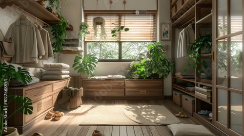 Interior of modern living room with wooden furniture, carpet and green plants.