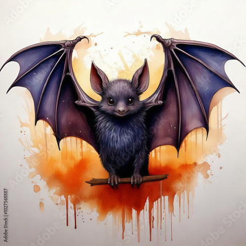  Halloween Watercolor black bat with ponede wings photo