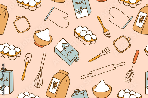 Colorful seamless pattern of baking accessories. Kitchen cooking utensils in doodle style. Vector illustration