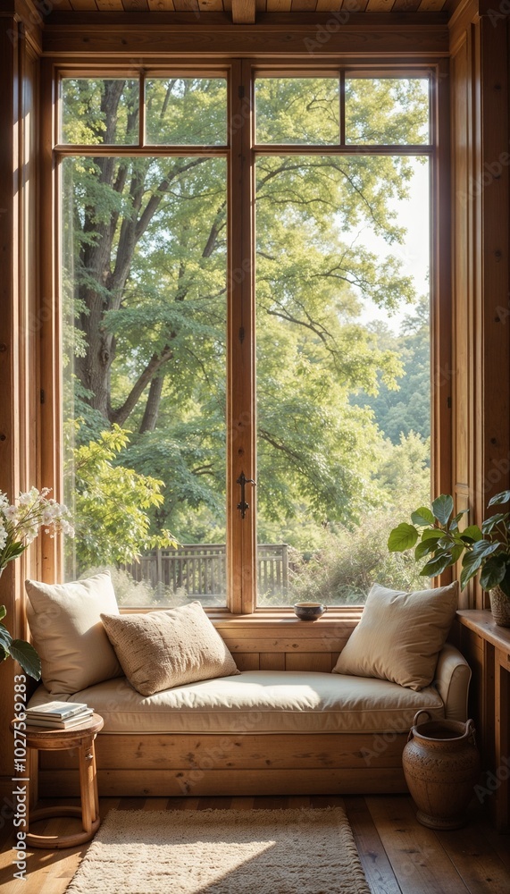 Fototapeta premium Serene reading nook with natural light and wooden accents, featuring plush cushions and a beautiful view of greenery 