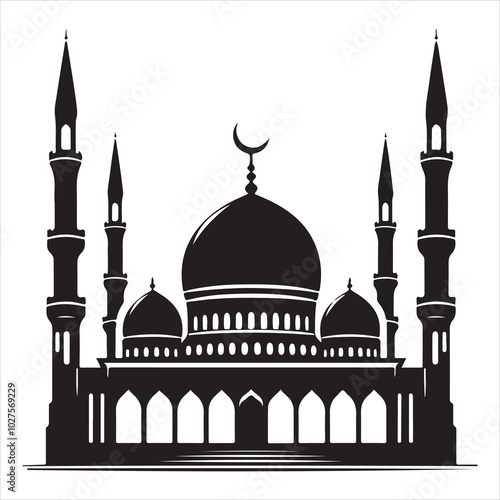 Black silhouette of a grand mosque with minarets and dome, clear and detailed on a pure white background 