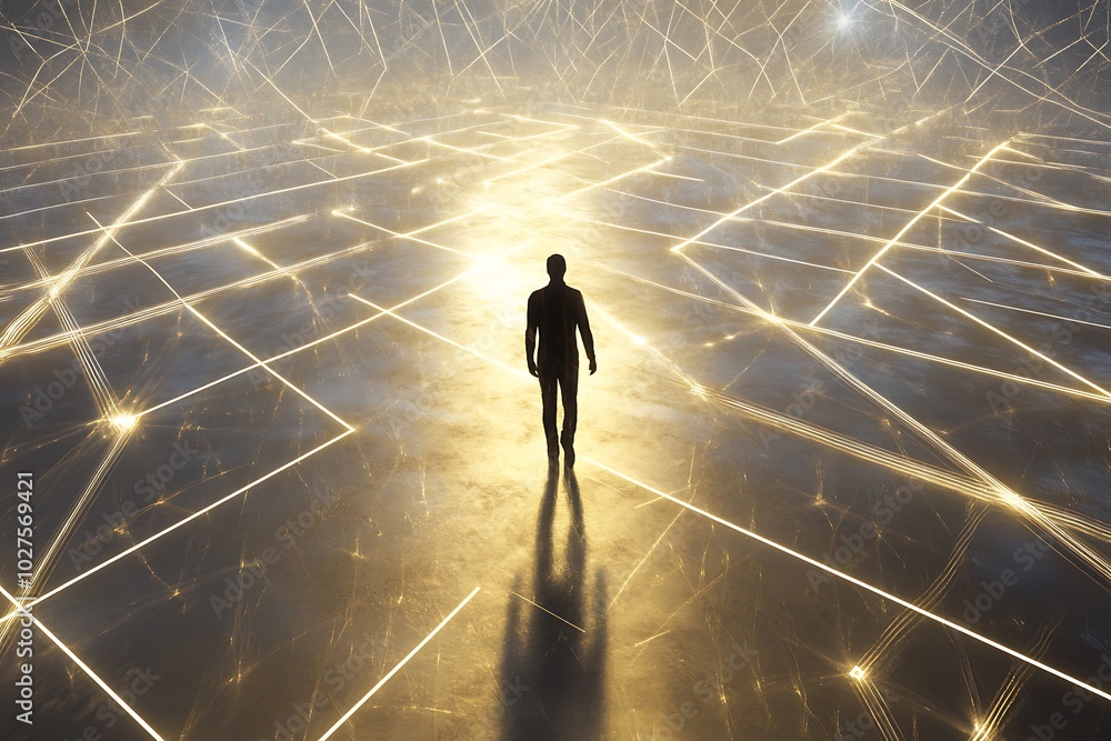 Silhouette of a Person Walking on a Grid of Glowing Lines Silhouette of a Person Walking on a Grid of Glowing Lines