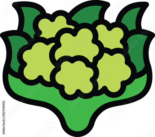 Cartoon icon of a cauliflower with leaves, growing on a farm, ready to be harvested and eaten