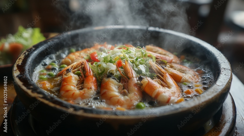 Delicious Shrimp Dish Steaming in a Clay Pot Delicious Shrimp Dish Steaming in a Clay Pot