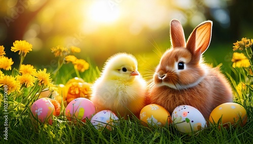 a charming spring scene featuring a fluffy yellow chick and a cute brown bunny sitti 