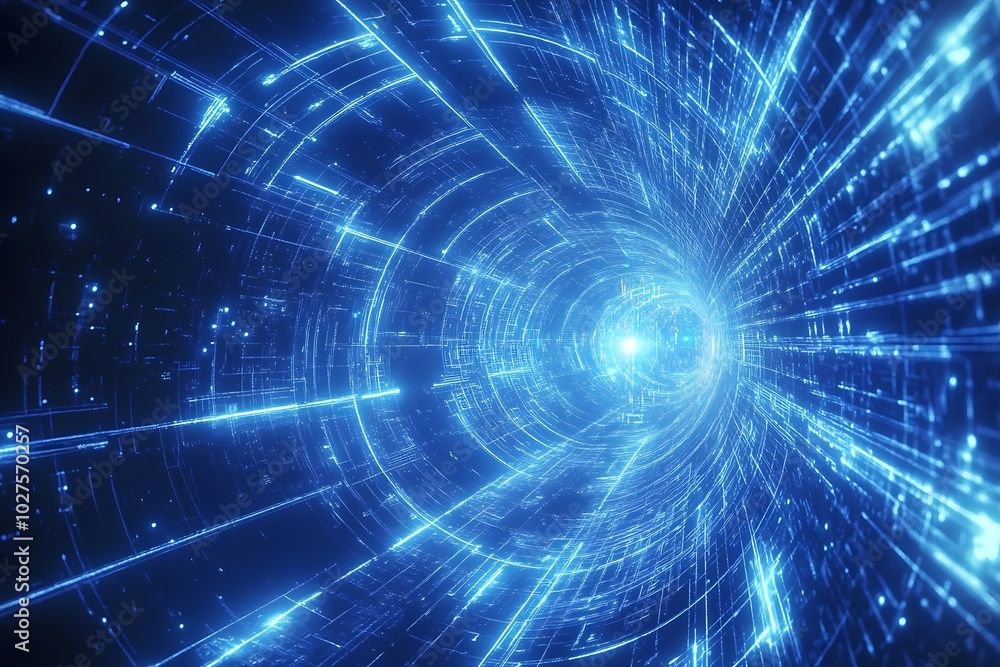 Abstract digital tunnel with bright blue glowing lines and a bright light at the end. Abstract digital tunnel with bright blue glowing lines and a bright light at the end.