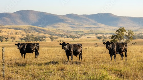 Three black Angus cattle grazing in a field with rolling hills in the background.