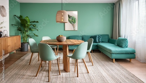 Mint color chairs at round wooden dining table in room with sofa and cabinet near green wall. Scandinavian, mid-century home interior design of modern living room.