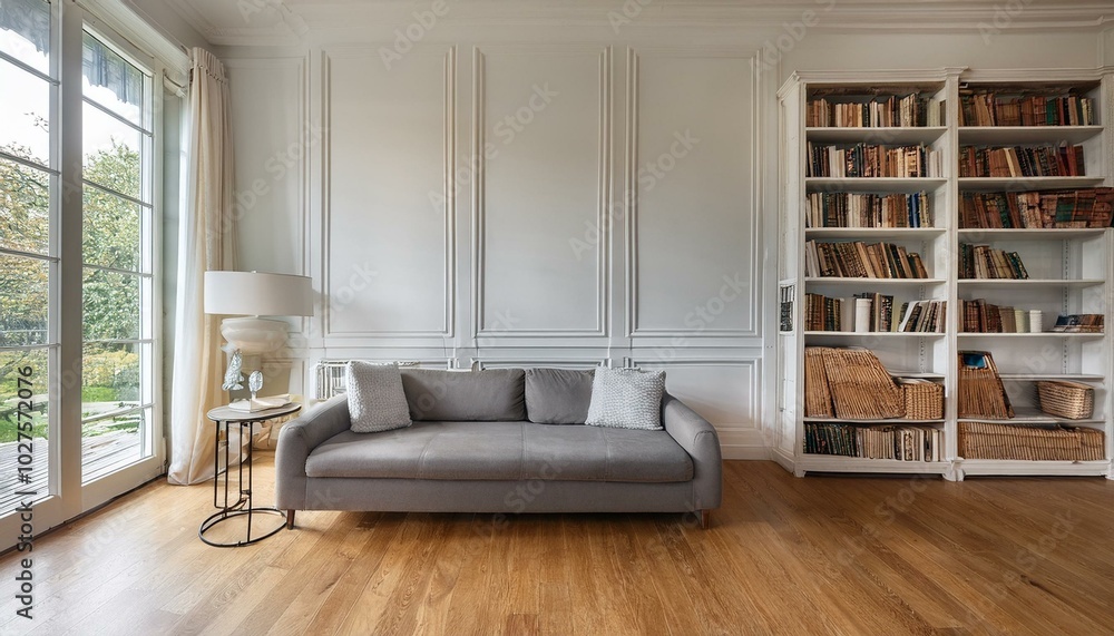 Parisian minimalist interior design of modern living room, home. Sofa and bookcase on parquet floor against french windows in room with white classic paneling walls Parisian minimalist interior design of modern living room, home. Sofa and bookcase on parquet floor against french windows in room with white classic paneling walls