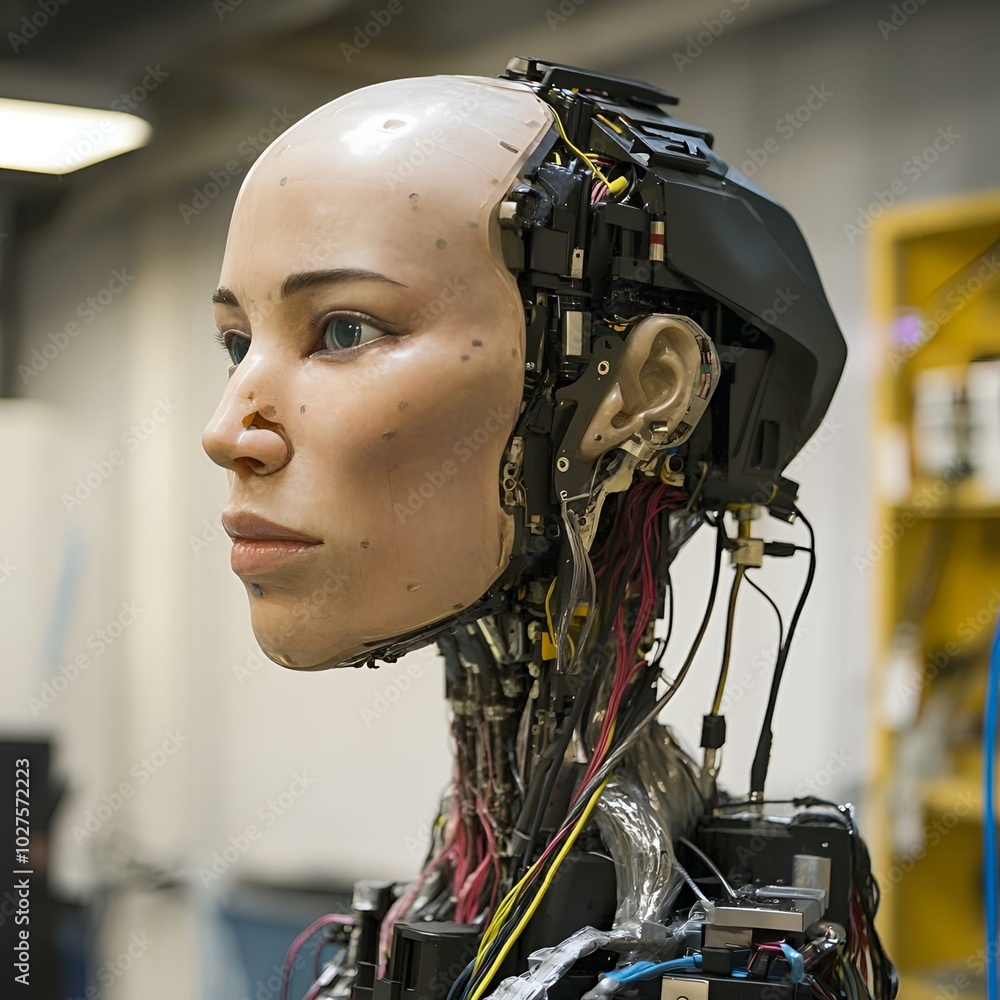 Fototapeta premium Realistic female robot head with exposed wiring and tech parts