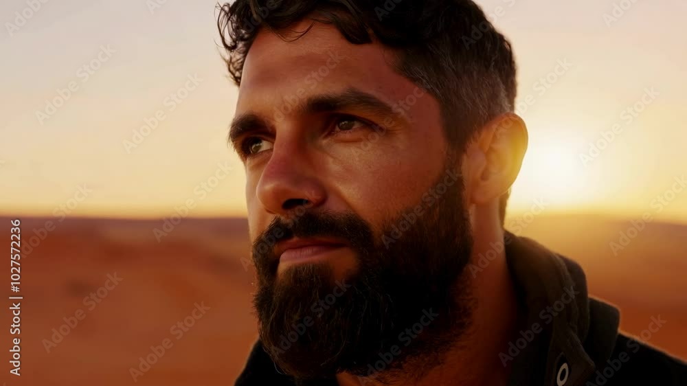 Thoughtful man gazing at sunset in desert serenity Thoughtful man gazing at sunset in desert serenity