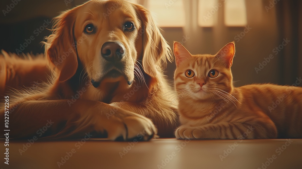 Golden Retriever and Cat Sitting Together Indoors Golden Retriever and Cat Sitting Together Indoors