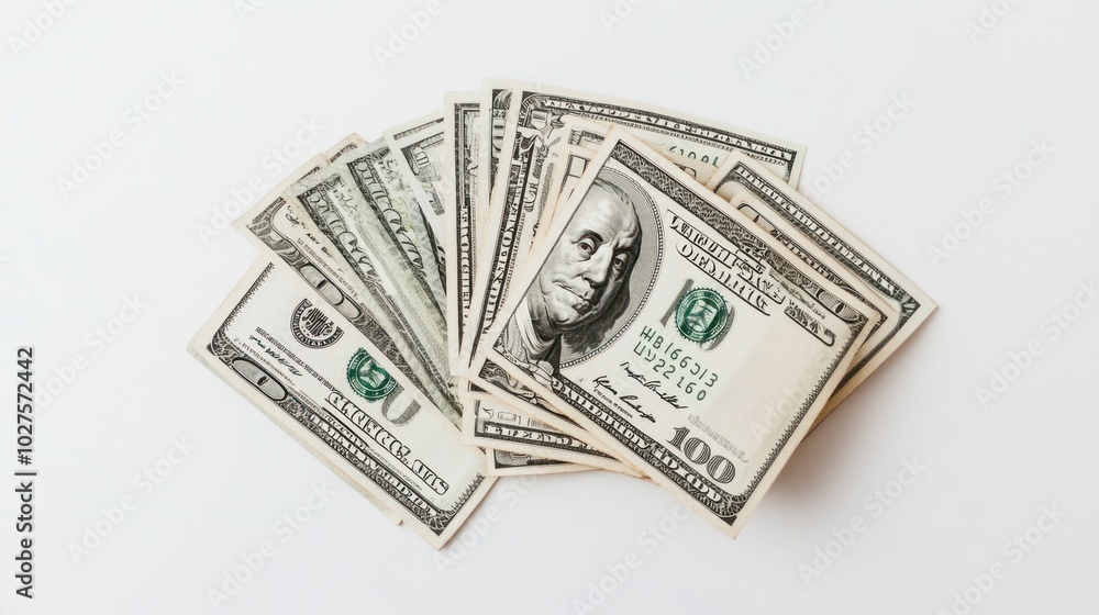 Spread out 100-dollar bills, fanned out on a clean white background, capturing the intricate details of the currency. Spread out 100-dollar bills, fanned out on a clean white background, capturing the intricate details of the currency.