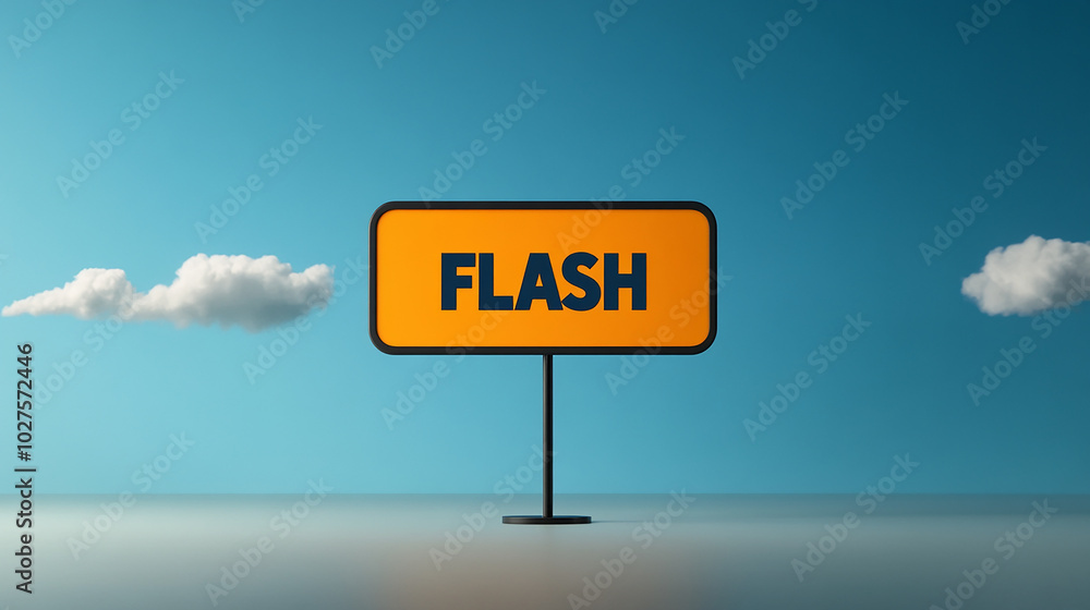 A yellow sign with the word FLASH on it stands in a blue sky with clouds. A yellow sign with the word FLASH on it stands in a blue sky with clouds.