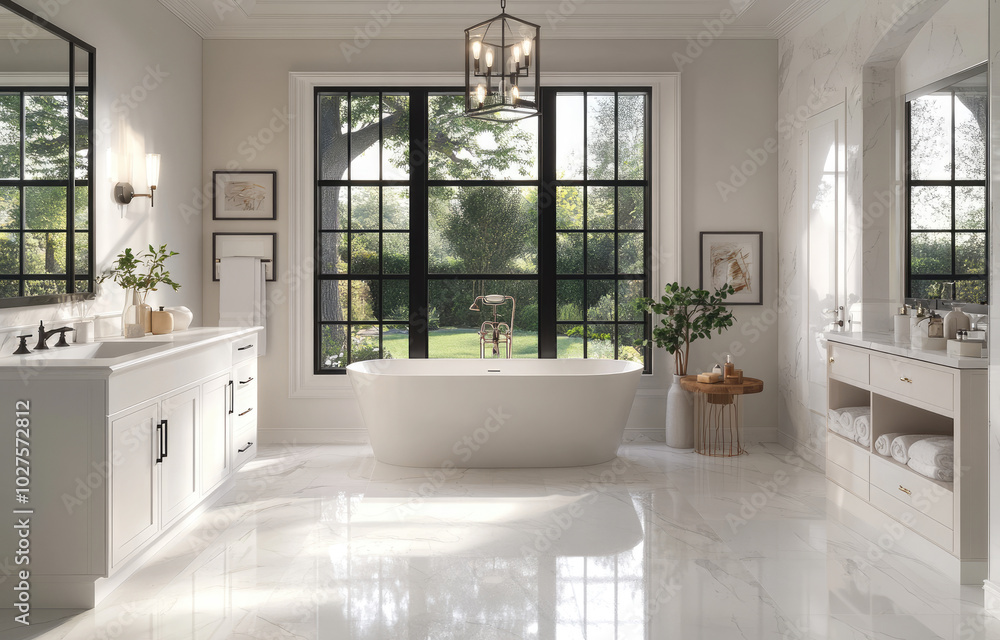 A large, spacious bathroom with marble floors and walls in a white color. The focal point is an elegant freestanding bathtub beside a modern double vanity sink A large, spacious bathroom with marble floors and walls in a white color. The focal point is an elegant freestanding bathtub beside a modern double vanity sink
