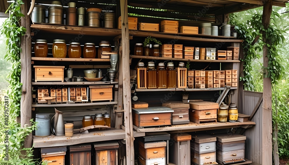 A rustic beekeeper’s shed filled with hives and beekeeping equipment.
