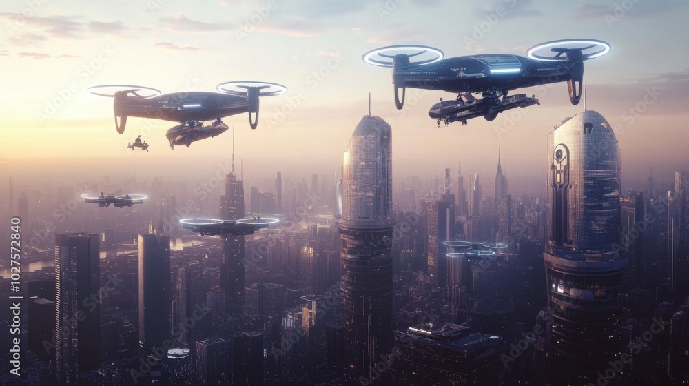 Naklejka premium A futuristic city skyline with people flying through the air on large, sleek drones