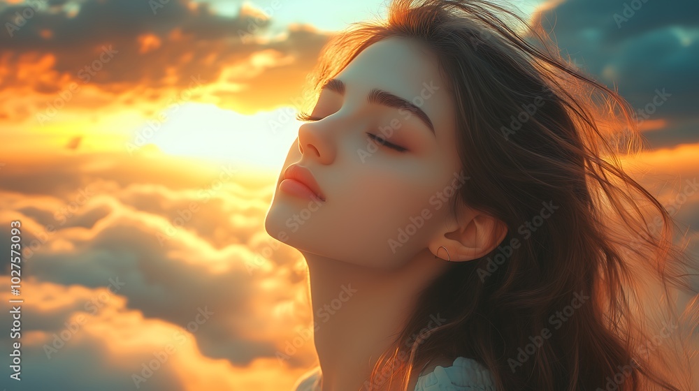 Woman Relaxing at Sunset with Eyes Closed Woman Relaxing at Sunset with Eyes Closed