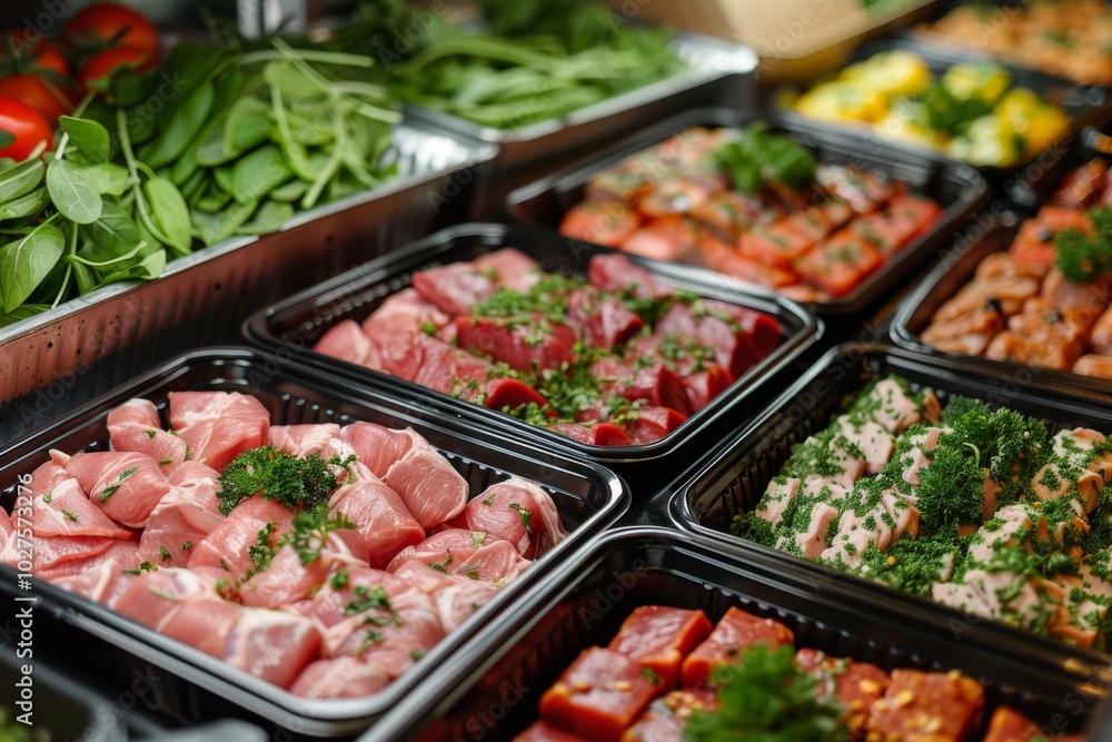 Obraz premium Neatly Arranged Fresh Pork Cutlets with Herbs in Black Containers at Supermarket
