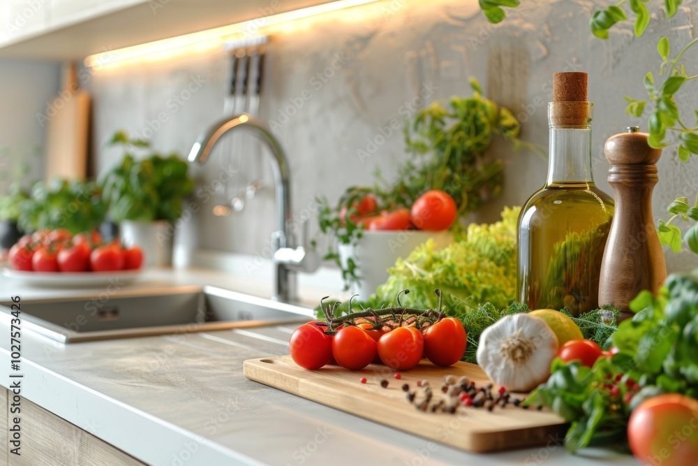 White Kitchen Counter with Fresh Vegetables, Wooden Board, and Light Wood Cabinets White Kitchen Counter with Fresh Vegetables, Wooden Board, and Light Wood Cabinets