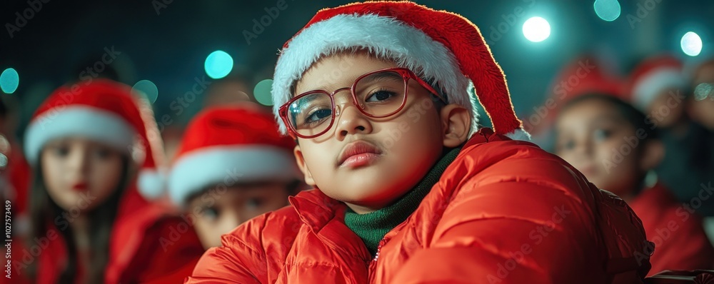 Children in Santa Hats Eagerly Await Santa's Arrival, A Festive Christmas Moment Captured in a Photo Children in Santa Hats Eagerly Await Santa's Arrival, A Festive Christmas Moment Captured in a Photo