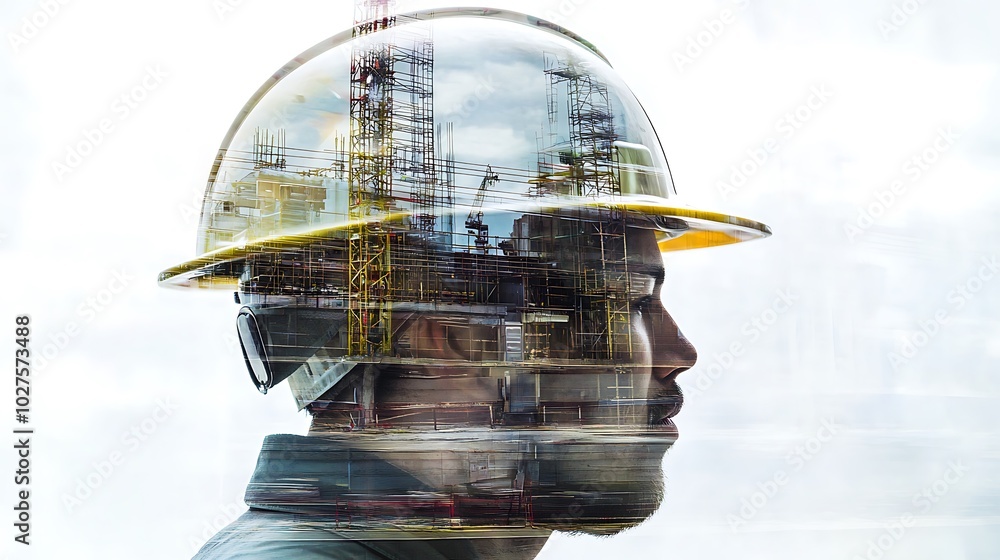 Construction Worker with Overlapping Image of a Scaffolding Structure Construction Worker with Overlapping Image of a Scaffolding Structure