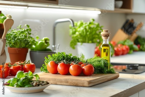 White Kitchen Counter with Fresh Vegetables, Wooden Board, and Light Wood Cabinets