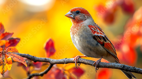 Colorful bird perched on a branch in autumn.