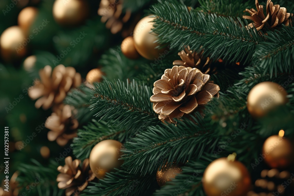 Close-up of a Christmas Tree Decorated with Golden Ornaments and Pine Cones, Sparkling Lights Create a Festive and Warm Ambiance Close-up of a Christmas Tree Decorated with Golden Ornaments and Pine Cones, Sparkling Lights Create a Festive and Warm Ambiance