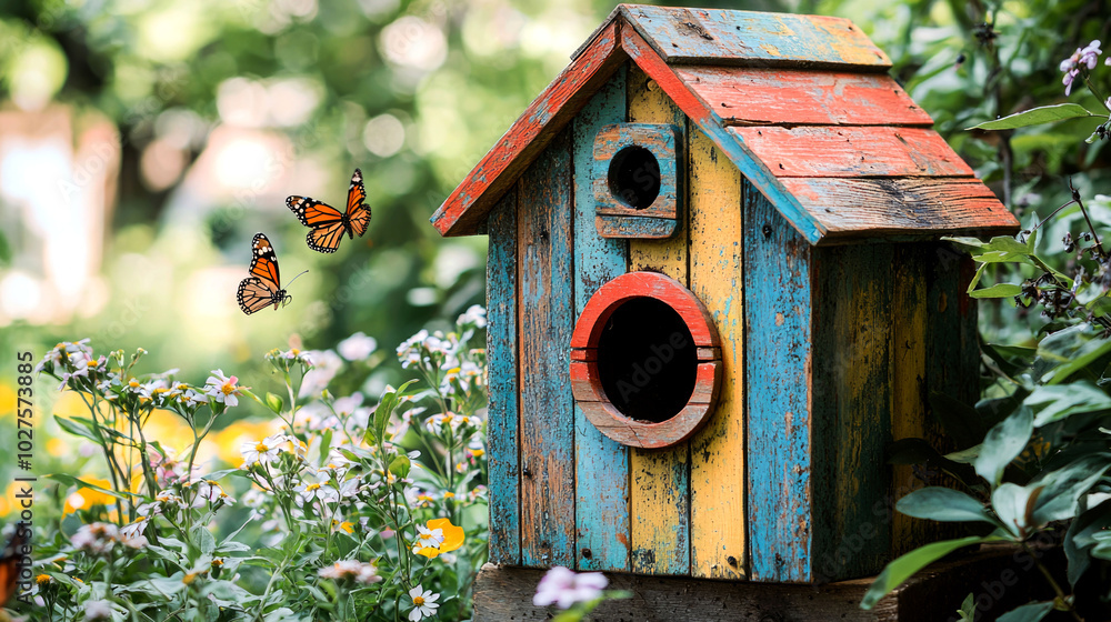 Colorful birdhouse surrounded by flowers and butterflies. Colorful birdhouse surrounded by flowers and butterflies.