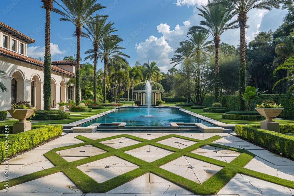Fototapeta premium Beautiful Backyard with Pool, Fountains, and Palm Trees in Miami Style Landscape Design
