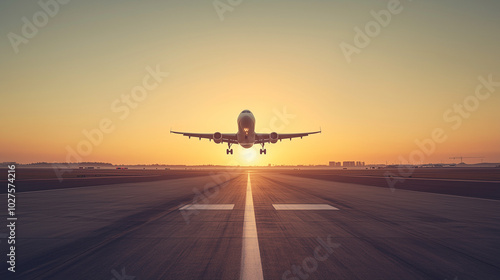3D render of an airplane taking off from an airport runway at sunset. The plane is flying in the sky over an empty asphalt road with lights on both sides. In the front view, 