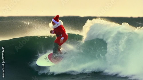 Santa surfing the waves on a beach at sunset, showcasing winter fun and holiday spirit in a unique ocean view
