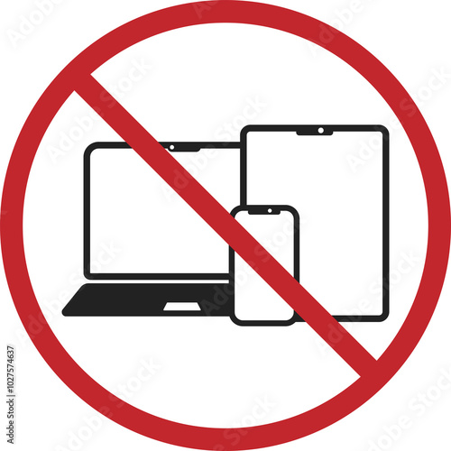 Isolated prohibition sign electronic gadget, cellphone, notebook, tablet are not allowed