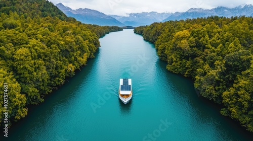 Wallpaper Mural A serene boat glides through a turquoise river flanked by lush green forests and majestic mountains under a cloudy sky. Torontodigital.ca