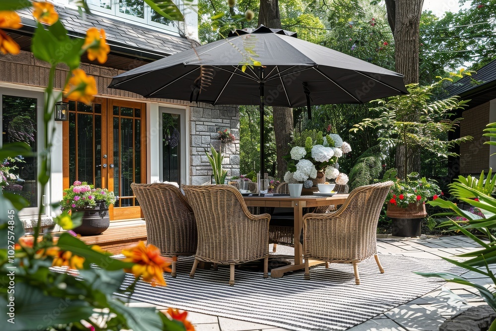 Fototapeta premium Stylish black and white outdoor dining set with umbrella on a grey striped rug, surrounded by plants and flowers in the sunlight.