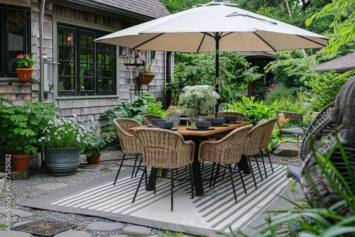  Stylish black and white outdoor dining set with umbrella on a grey striped rug, surrounded by plants and flowers in the sunlight.