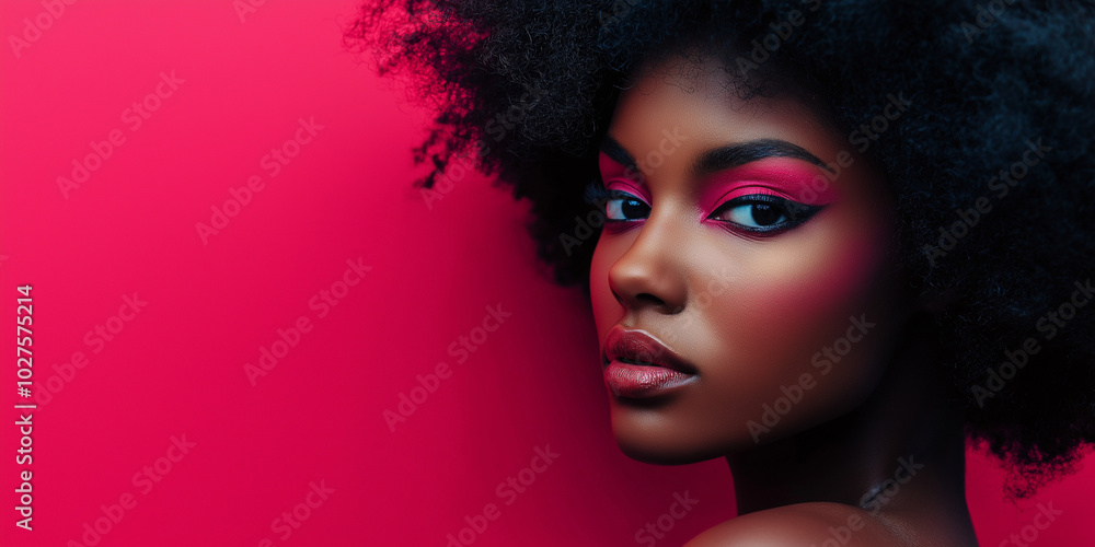 A woman's side profile highlights her vibrant makeup and natural hair, set against a captivating pink background, exemplifying beauty and elegance with vivid contrast. A woman's side profile highlights her vibrant makeup and natural hair, set against a captivating pink background, exemplifying beauty and elegance with vivid contrast.