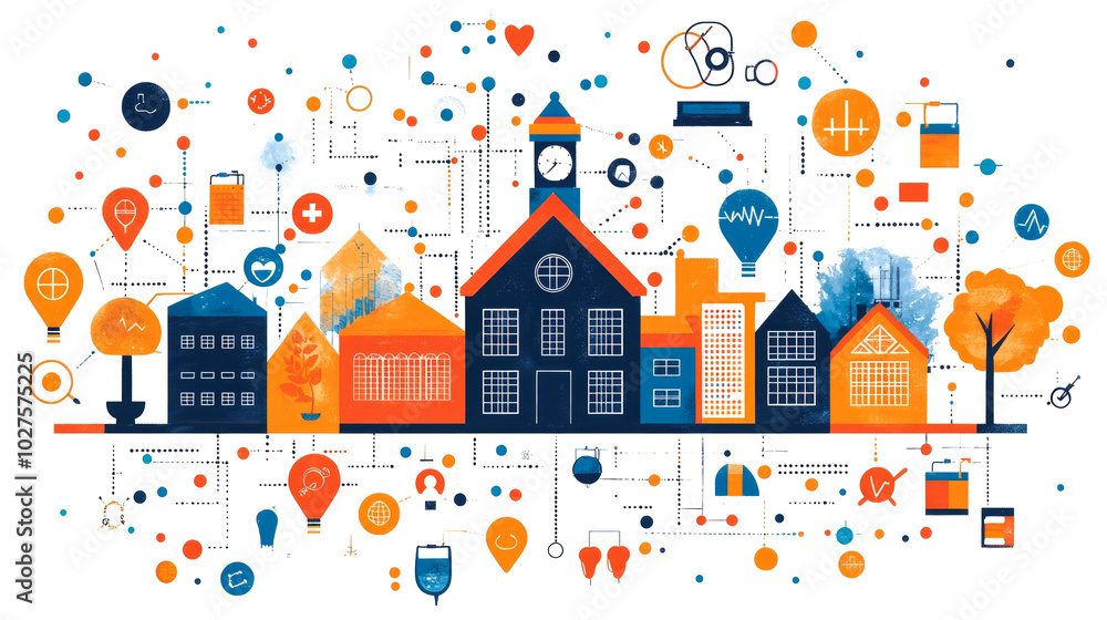 Fototapeta premium Colorful illustration of a community with health icons.