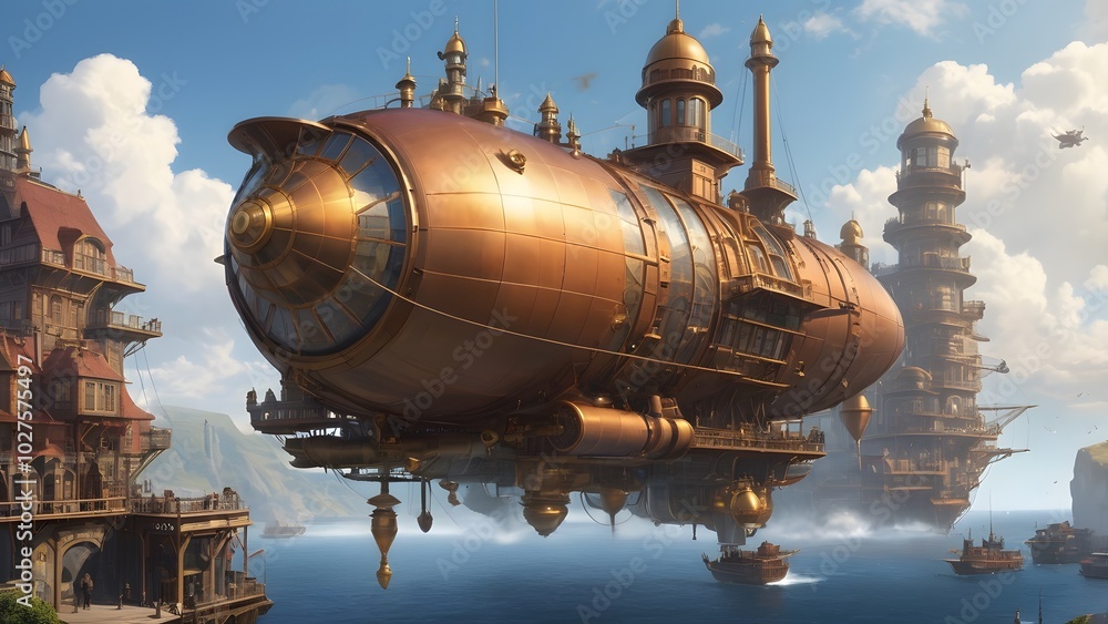 A vast steampunk city perched on cliffs
A vast steampunk city perched on cliffs