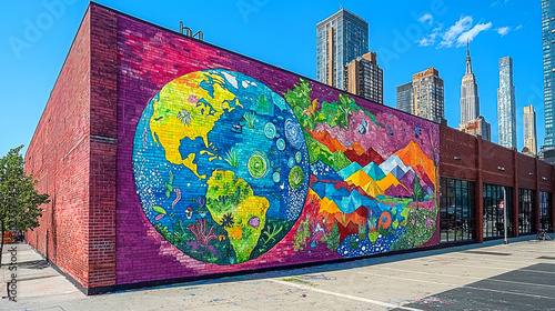 Colorful mural depicting the Earth on the side of a brick building in an urban setting.