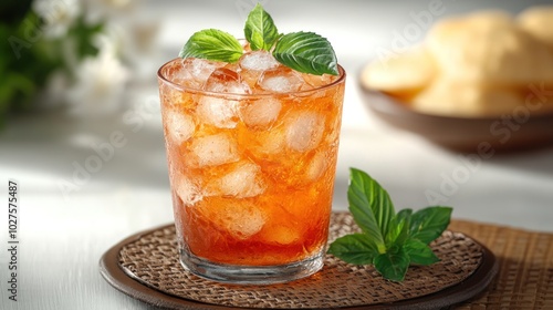 A vibrant drink filled with ice and mint, perfect for a warm afternoon refreshment