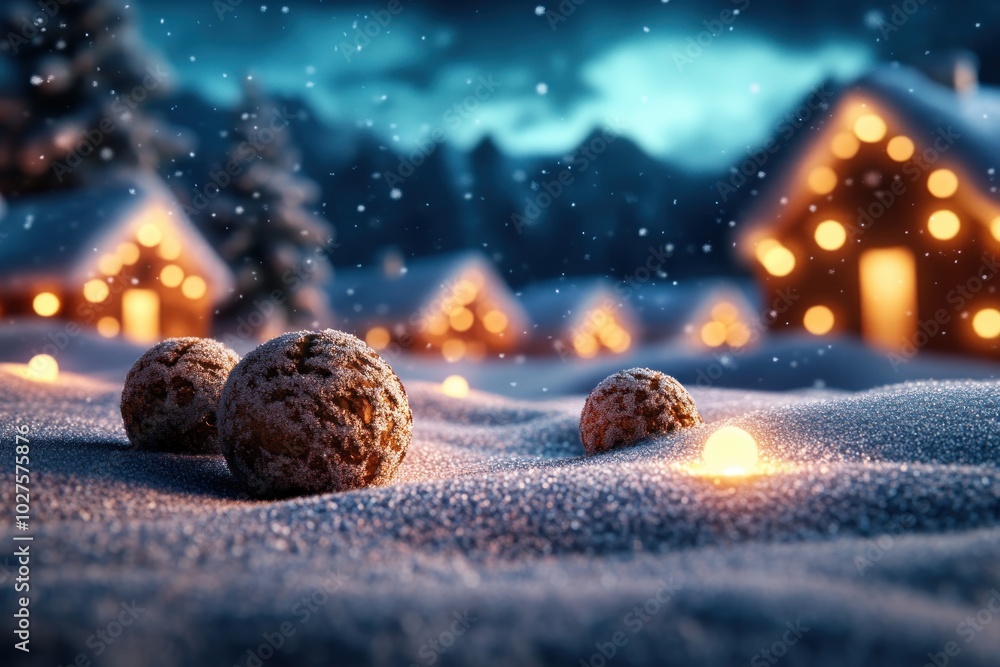Magical Christmas Night with Snow-Covered Village and Glowing Lights, Festive Holiday Season Atmosphere Magical Christmas Night with Snow-Covered Village and Glowing Lights, Festive Holiday Season Atmosphere