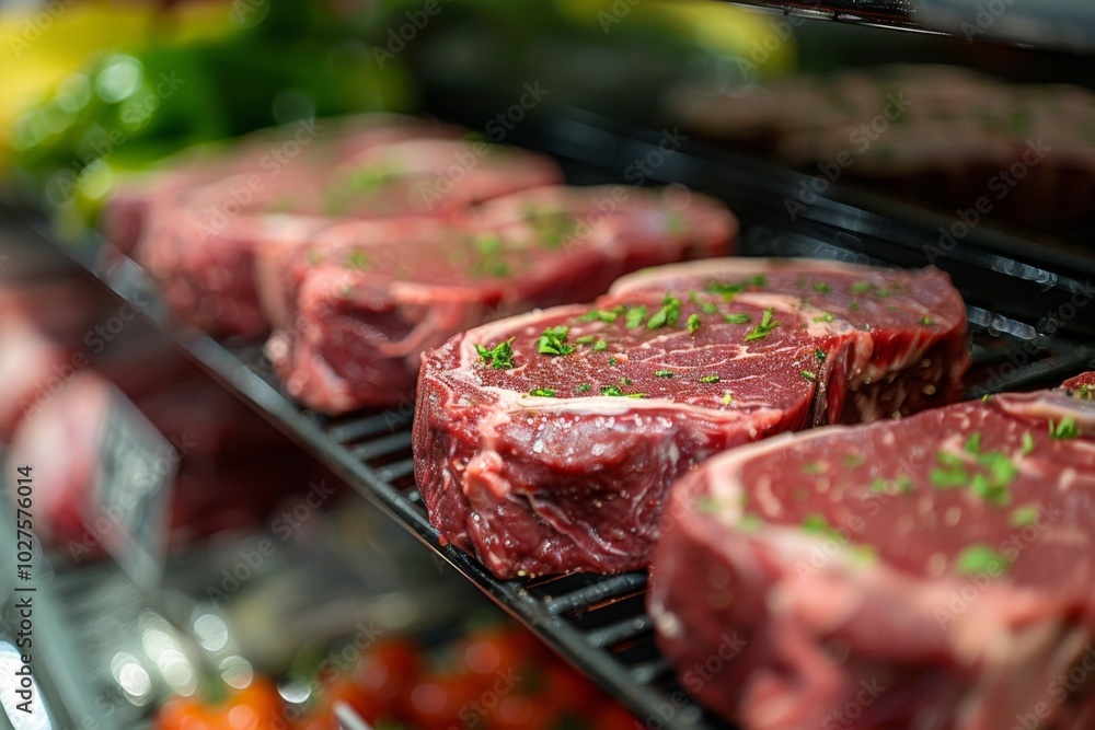 Close-up of Fresh Raw Beef Steaks in Supermarket Meat Section with Professional Color Grading Close-up of Fresh Raw Beef Steaks in Supermarket Meat Section with Professional Color Grading